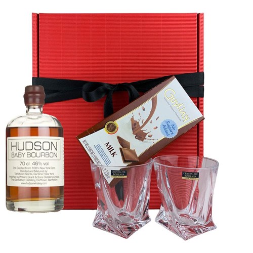 Hudson Baby Bourbon Whiskey 70cl, Tumbler And Bar of Artisanal Belgian chocolate Gift box